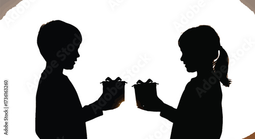 Silhouette of children exchanging gifts at sunset backdrop