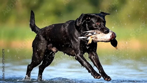 Black Labrador Retriever Retrieves a Duck in Water