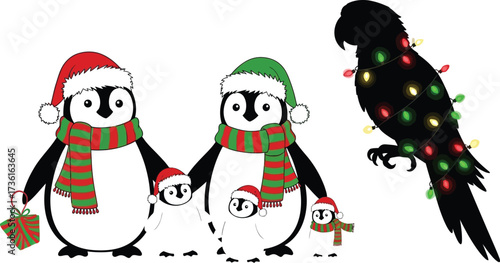 Festive penguins and parrot celebrate christmas with lights