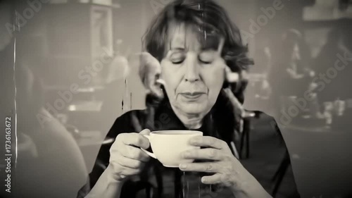 Wallpaper Mural Vintage Moment Woman Enjoying a Hot Beverage in Black and White Torontodigital.ca