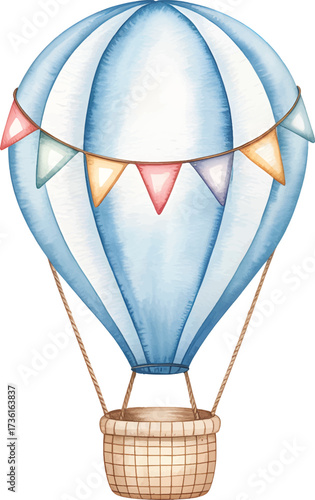 Watercolor hot air balloon with bunting flags. Hot air balloon for kids adventure theme. Hot air balloon with flags.