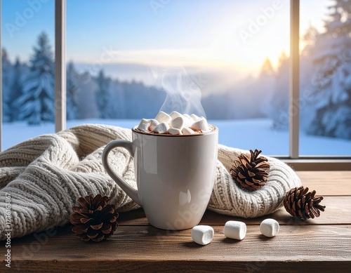 Winter Hot Chocolate with Marshmallows by Frosty Window