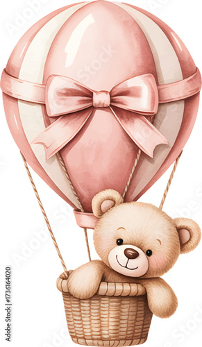 Cute teddy bear in pink hot air balloon illustration. Adorable pastel nursery decor with bear and balloon.