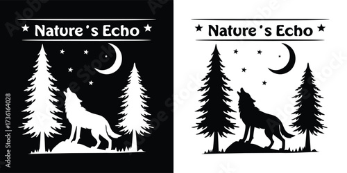 Natures echo illustration with a howling wolf, pine trees, moon, and stars, presented in black and white on contrasting backgrounds