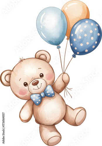 Teddy bear holding balloons in pastel colors. Adorable watercolor bear clipart for kids party decor.