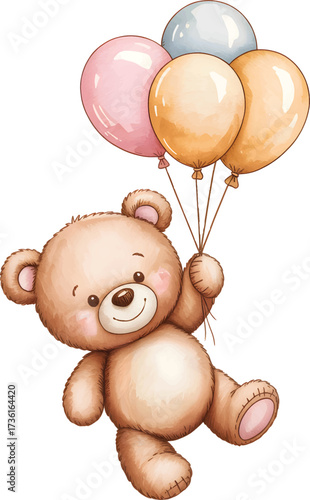 Teddy bear holding balloons in pastel colors. Adorable watercolor bear clipart for kids party decor.