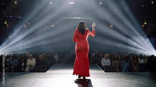 Wallpaper Mural Woman in Red Dress Speaking on Stage to Audience - Viewed from Behind Torontodigital.ca