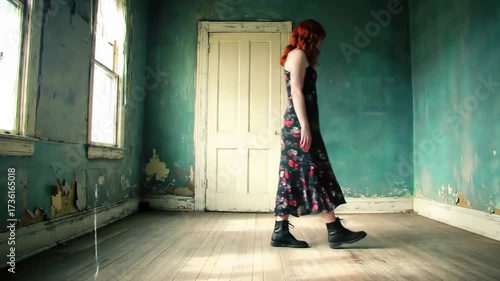 Wallpaper Mural Woman in Floral Dress Stands in Dilapidated Room Torontodigital.ca