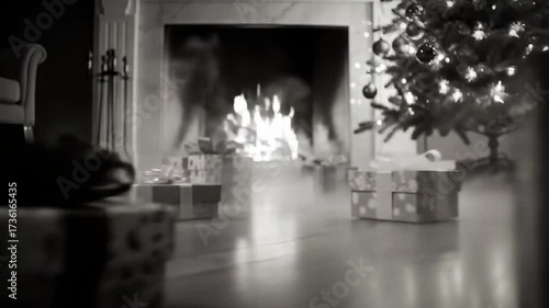 Wallpaper Mural Holiday Cheer Fireplace, Gifts, and Christmas Tree in Black and White Torontodigital.ca