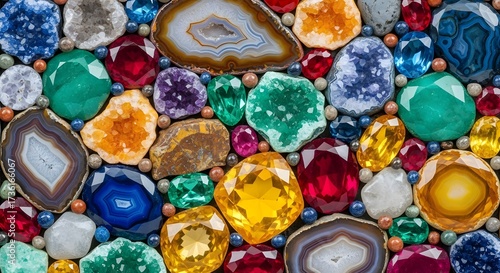Vibrant Mosaic of Colorful Gemstones, Agate, and Minerals