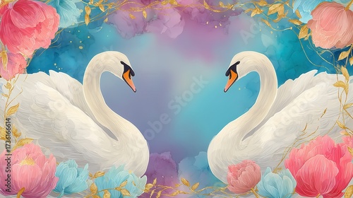 Wallpaper Mural Elegant Swans with Floral Frame, Watercolor Background, Romantic Illustration for Wedding Invitations and Art Prints, Pastel Colors, Golden Accents,Watercolor frame Torontodigital.ca