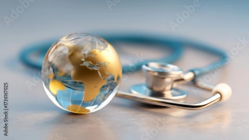 A gold-mapped globe sits near a stethoscope on a blurred surface, concepting global health. Soft lighting and shallow depth of field
