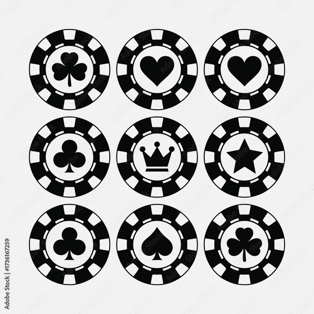 Obraz premium Stylized Casino Chips and Tokens, Vector Set of Black and White Gambling Icons with Card Suits, Crowns, and Stars for Game Design, Entertainment, Casino, and Leisure Graphics