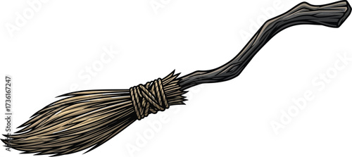 Cartoon broom with wooden handle and straw bristles tied