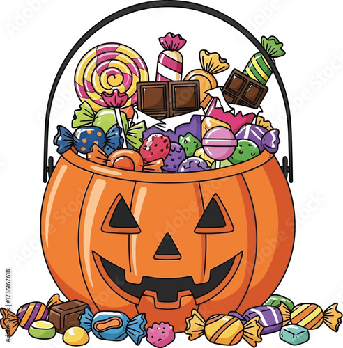 Pumpkin bucket filled with halloween candy and chocolate bars