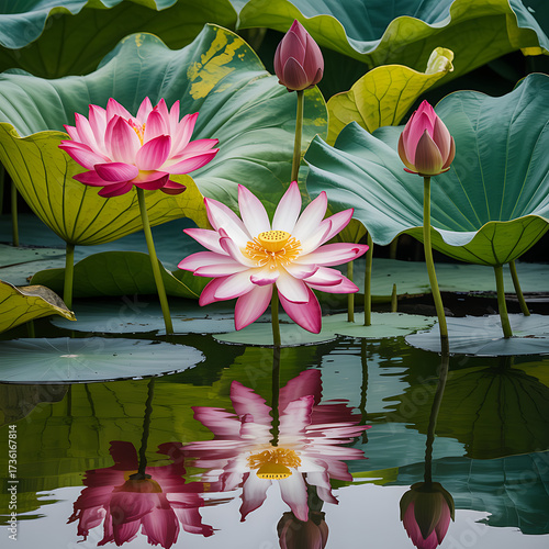 Serene lotus pond with blooming pink and white water lilies and reflections
