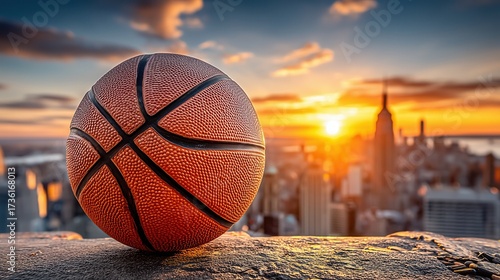 Basketball on Rooftop Overlooking City Skyline at Sunset, Urban Sport, Orange Ball, Cityscape, Golden Hour, Athletic Lifestyle, Outdoor Game, Dramatic Sky