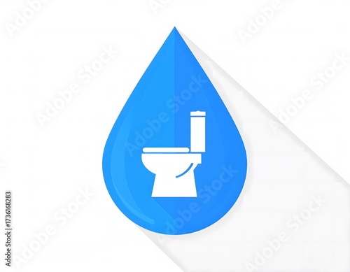 A blue water droplet icon with a white toilet symbol inside, casting a light shadow.