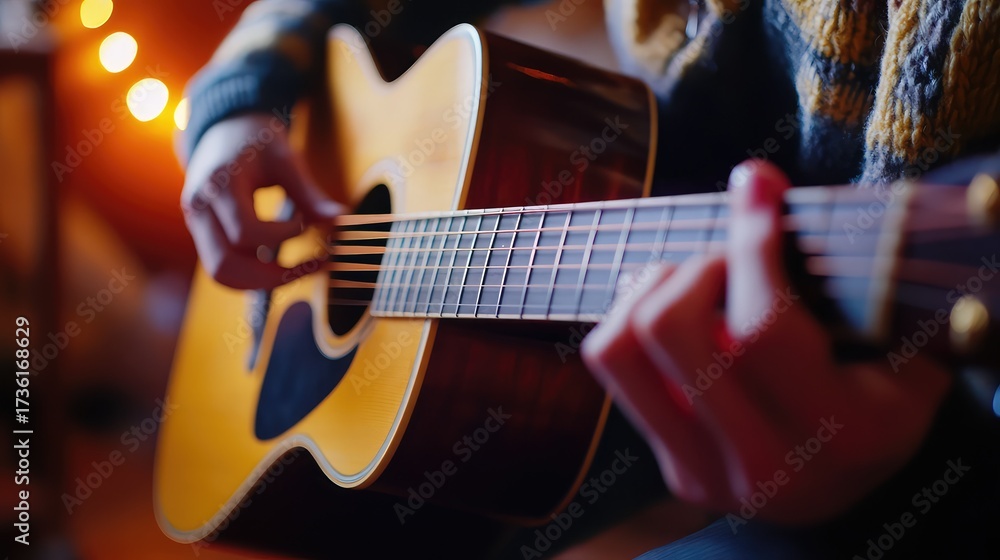 Obraz premium Person strumming acoustic guitar playing relaxing music