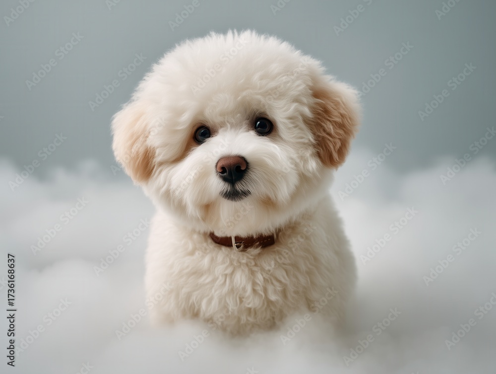 Obraz premium Adorable White Puppy with Brown Collar Sitting in Fluffy Clouds, Studio Portrait of a Cute and Fluffy Dog with a Sweet Expression on a Soft Background