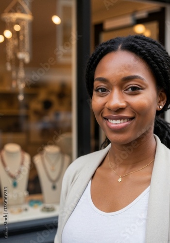 Confident African American female entrepreneur smiling outside her jewelry store. Portrait of a successful small business owner