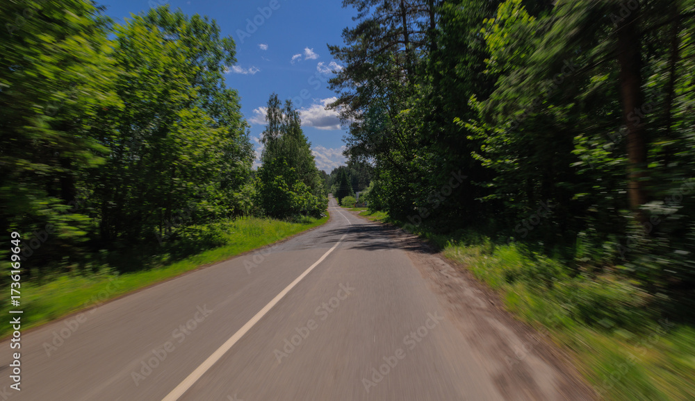 Naklejka premium The effect of speed on the road and blurred objects. View of the road on a sunny summer day.