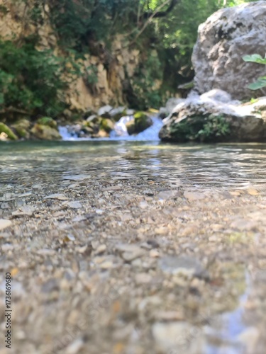 Waterfall Capelli di Venere, small mountainside cascade surrounded by vegetation, close to a ruined mill, Casaletto Spartano, Province of Salerno, Italy