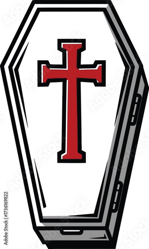 Cartoon coffin with a red cross symbolizing death or burial