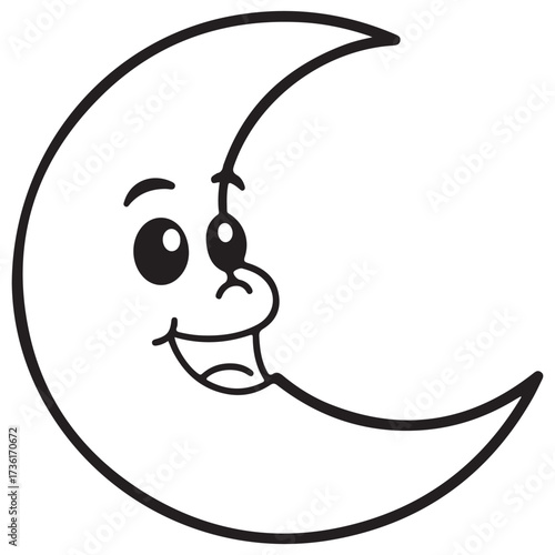 Black and white outline of a cute, happy crescent moon character with a smiling face. Simple celestial mascot design for children’s coloring books, space, or bedtime themes.