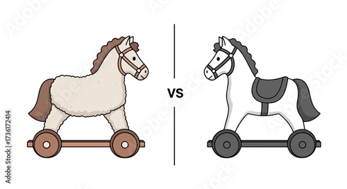 Exploring the charming differences between a classic rocking horse and a traditional pull-along toy horse.