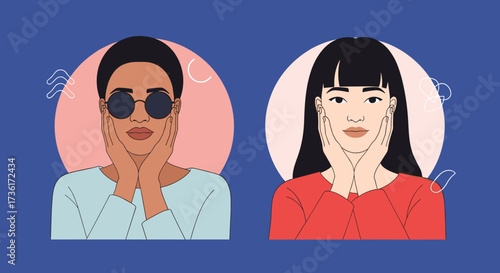 Diverse young women express wonder and surprise with hands on cheeks contemplating thoughts.