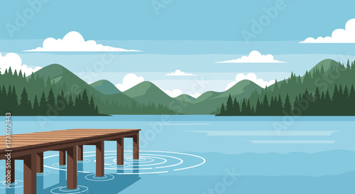 A serene lake with a wooden dock and rolling green mountains under a blue sky with scattered clouds.
