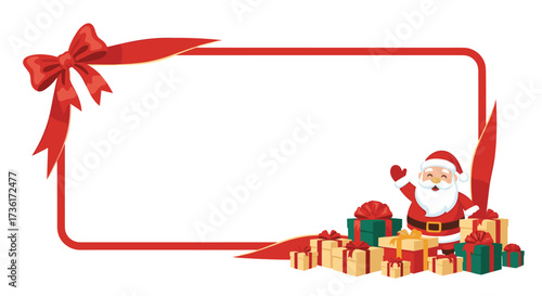 Festive christmas frame with santa claus and gift boxes decorated with red ribbon.