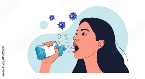 A woman drinks water from a bottle while viruses float around her head.