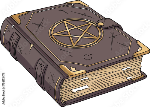 Illustrated spellbook with pentagram symbol on a brown cover