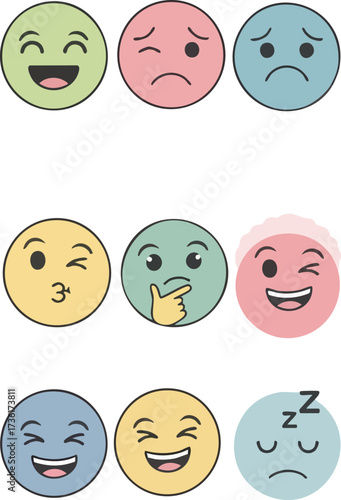 A collection of colorful circular emoticons displaying a range of human emotions and expressions, including joy, sadness, thinking, and sleepiness.