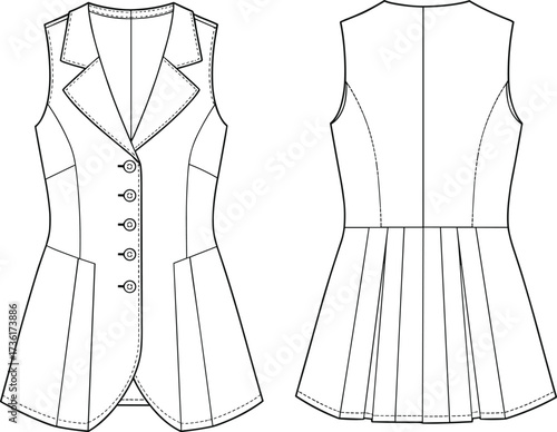 Sleeveless women’s blazer vest technical fashion sketch, front and back view, flat vector drawing, pleated back, princess seams, CAD illustration