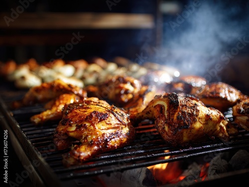 Grilled Chicken and Vegetables on a Smoky BBQ Grill, Close-Up.