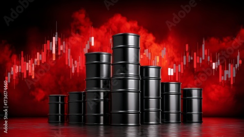 Stacks of Black Oil Barrels Against a Dramatic Red Background Showcasing Market Fluctuations and Energy Resources