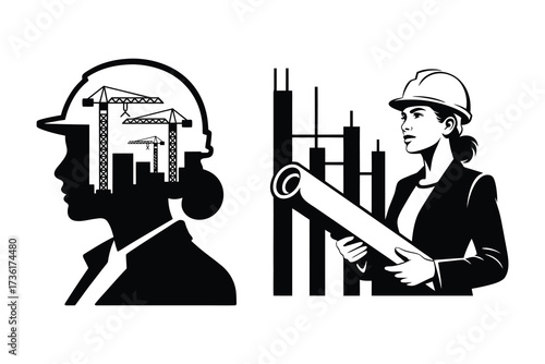 Construction Industry Professionals, Architect and Foreman in Hard Hats Illustration