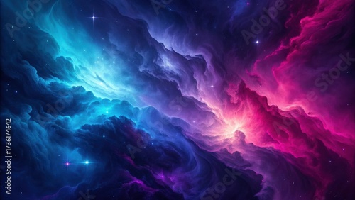 Dramatic nebula background with vibrant cosmic clouds and twinkling stars in space