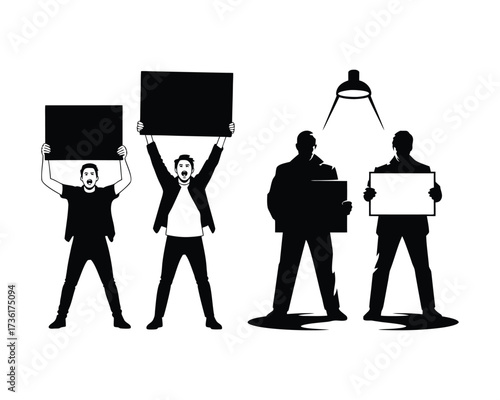Civil Rights Rally Silhouette Showing People United with Large Banners and Placards for Equality and Freedom Concept
