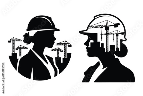 Professional Architect and Engineer in Suits with Hard Hats Holding Blueprints Vector Illustration