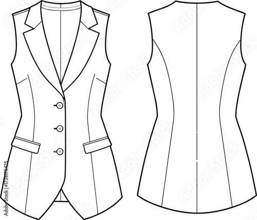 Tailored women’s vest technical fashion sketch, front and back view, flat vector drawing, garment construction, princess seams, notched lapel, CAD illustration