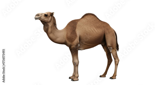 Isolated dromedary camel stands alone, desert animal with one hump, beautiful tan