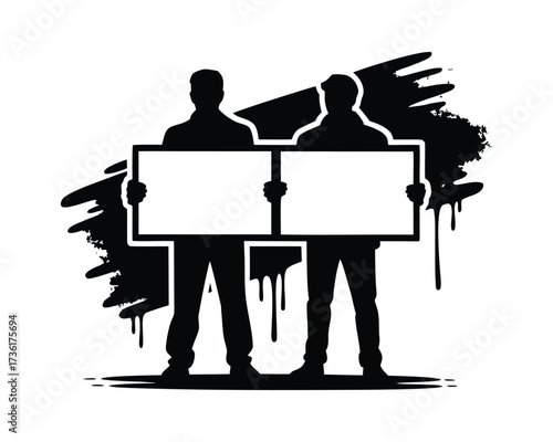 Black and White Vector of Protest Rally with Crowd Holding Empty Boards, Signs, and Placards
