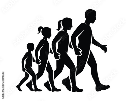 Life Stages Sequence Minimal Black-and-White Silhouette Series Depicting Human Maturation for Educational and Editorial Use