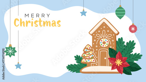 Christmas greeting card with gingerbread house and tree, poinsettia, festive ornaments and baubles. Holiday background for celebration, invitations, posters, banners and decoration