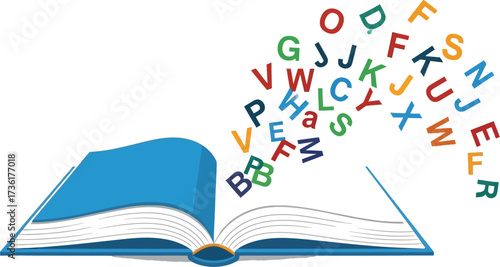 Open book with colorful letters flying out for education