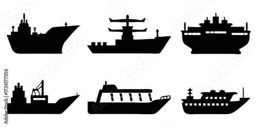 Vector Silhouette Set of Ships Cargo Container Vessel Cruise Liner and Fishing Boat